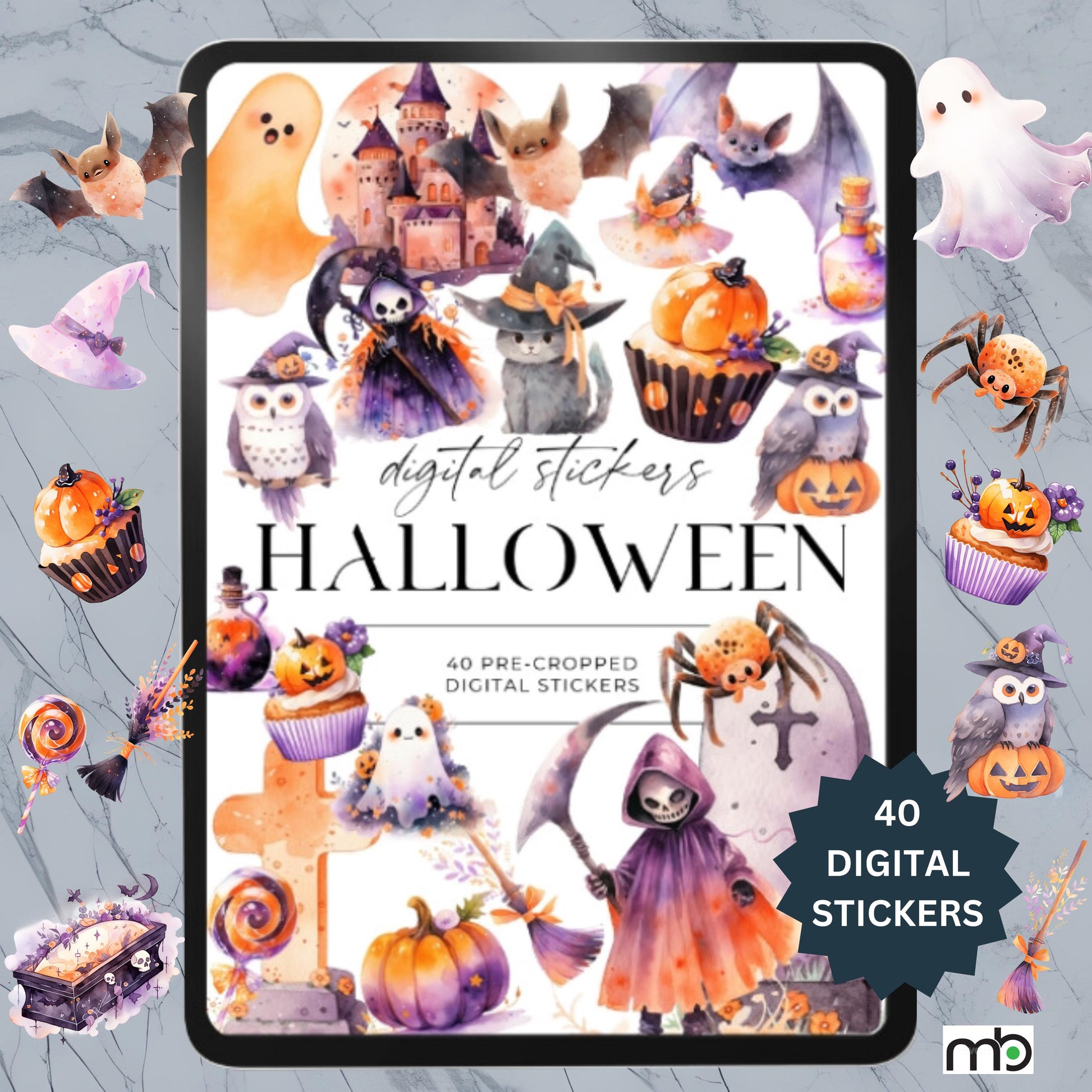 Halloween Digital Stickers Trick or Treat Pumpkin Spooky Ghost Graveyard Coffin Witch Hat Broom Haunted House Bats Gothic Black Cat Spider