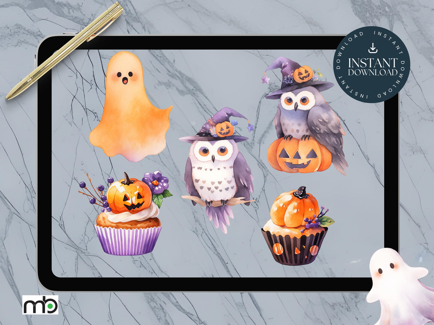 Halloween Digital Stickers Trick or Treat Pumpkin Spooky Ghost Graveyard Coffin Witch Hat Broom Haunted House Bats Gothic Black Cat Spider