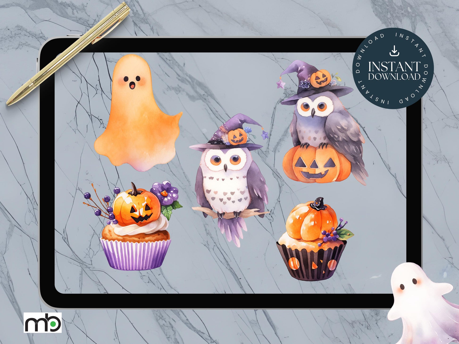 Halloween Digital Stickers Trick or Treat Pumpkin Spooky Ghost Graveyard Coffin Witch Hat Broom Haunted House Bats Gothic Black Cat Spider