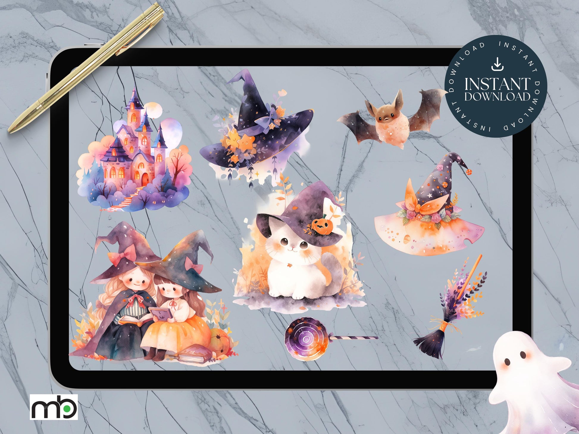 Halloween Digital Stickers Trick or Treat Pumpkin Spooky Ghost Graveyard Coffin Witch Hat Broom Haunted House Bats Gothic Black Cat Spider