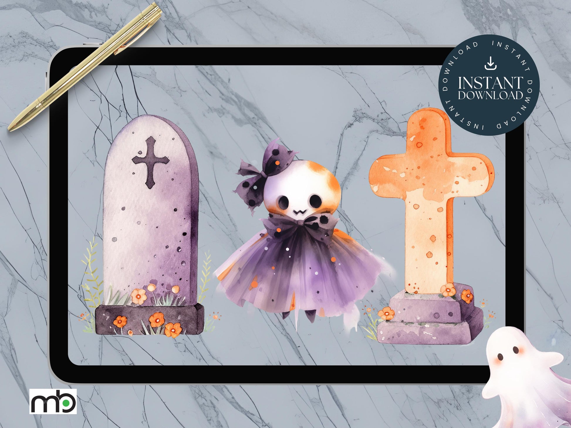 Halloween Digital Stickers Trick or Treat Pumpkin Spooky Ghost Graveyard Coffin Witch Hat Broom Haunted House Bats Gothic Black Cat Spider