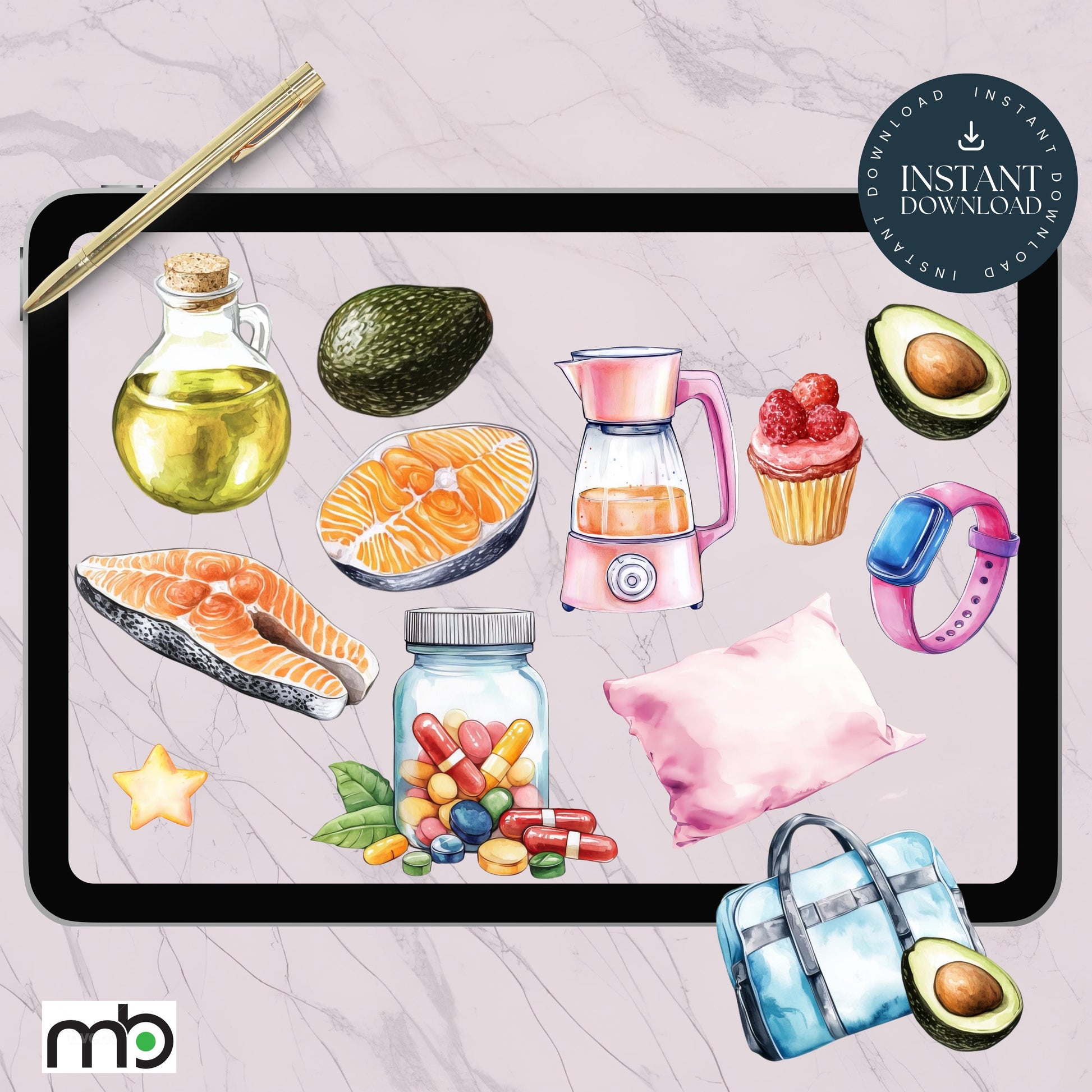 Health Vibes Digital Stickers, Wellness, Fitness, Nutrition, sticker theme, Smoothies, Yoga, Gym, Avocado, Supplements, Self-care, Nurture