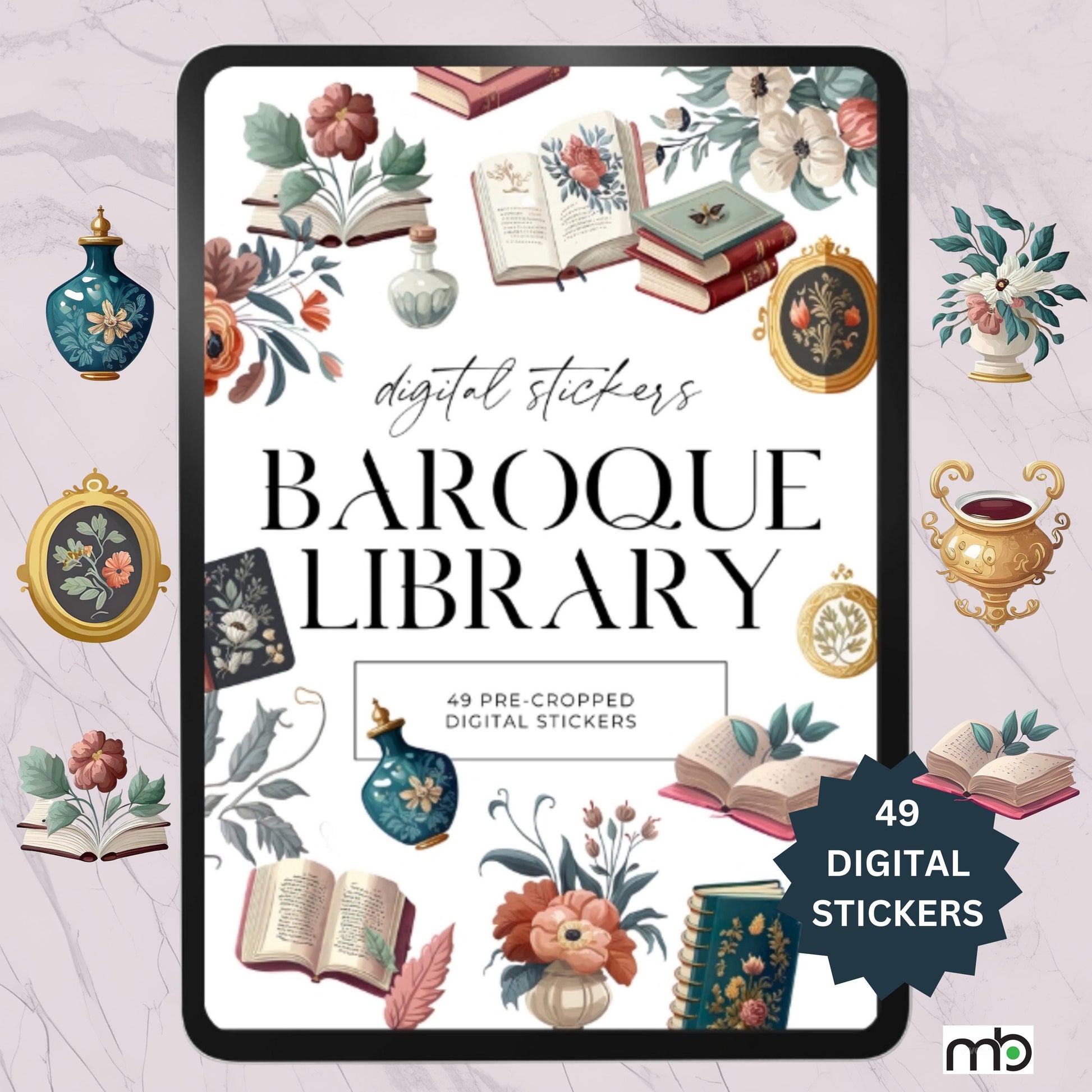Baroque Library Digital Stickers, Baroque Themed Digital Stickers, Baroque Stickers, Baroque Gold Vase Stickers, Baroque themed books, Png