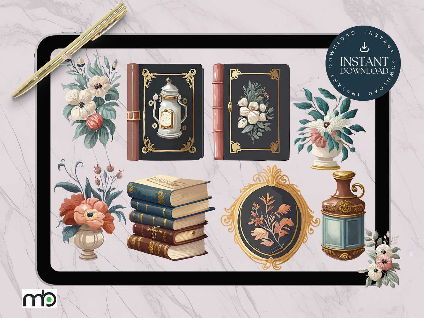 Baroque Library Digital Stickers, Baroque Themed Digital Stickers, Baroque Stickers, Baroque Gold Vase Stickers, Baroque themed books, Png