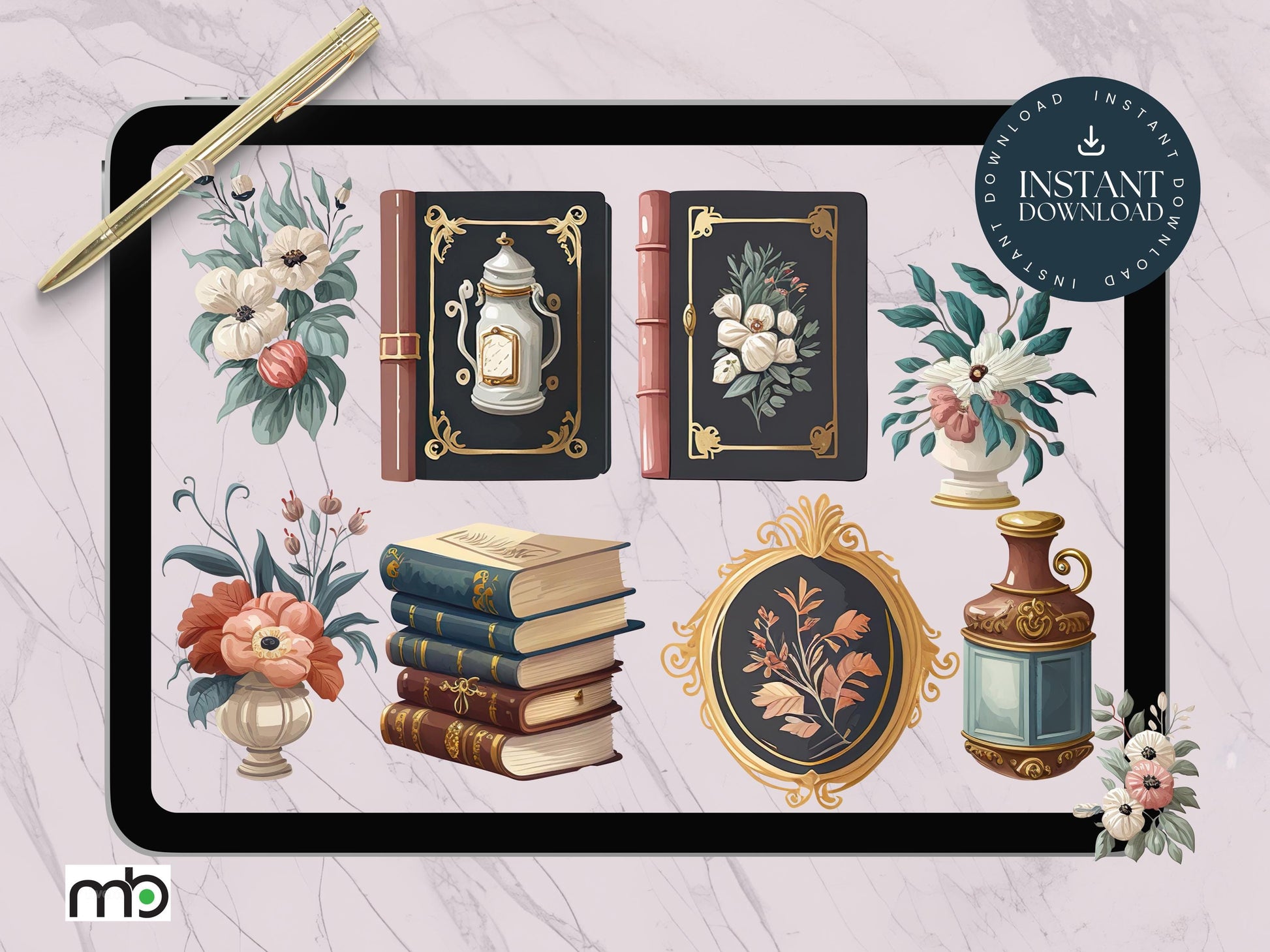 Baroque Library Digital Stickers, Baroque Themed Digital Stickers, Baroque Stickers, Baroque Gold Vase Stickers, Baroque themed books, Png
