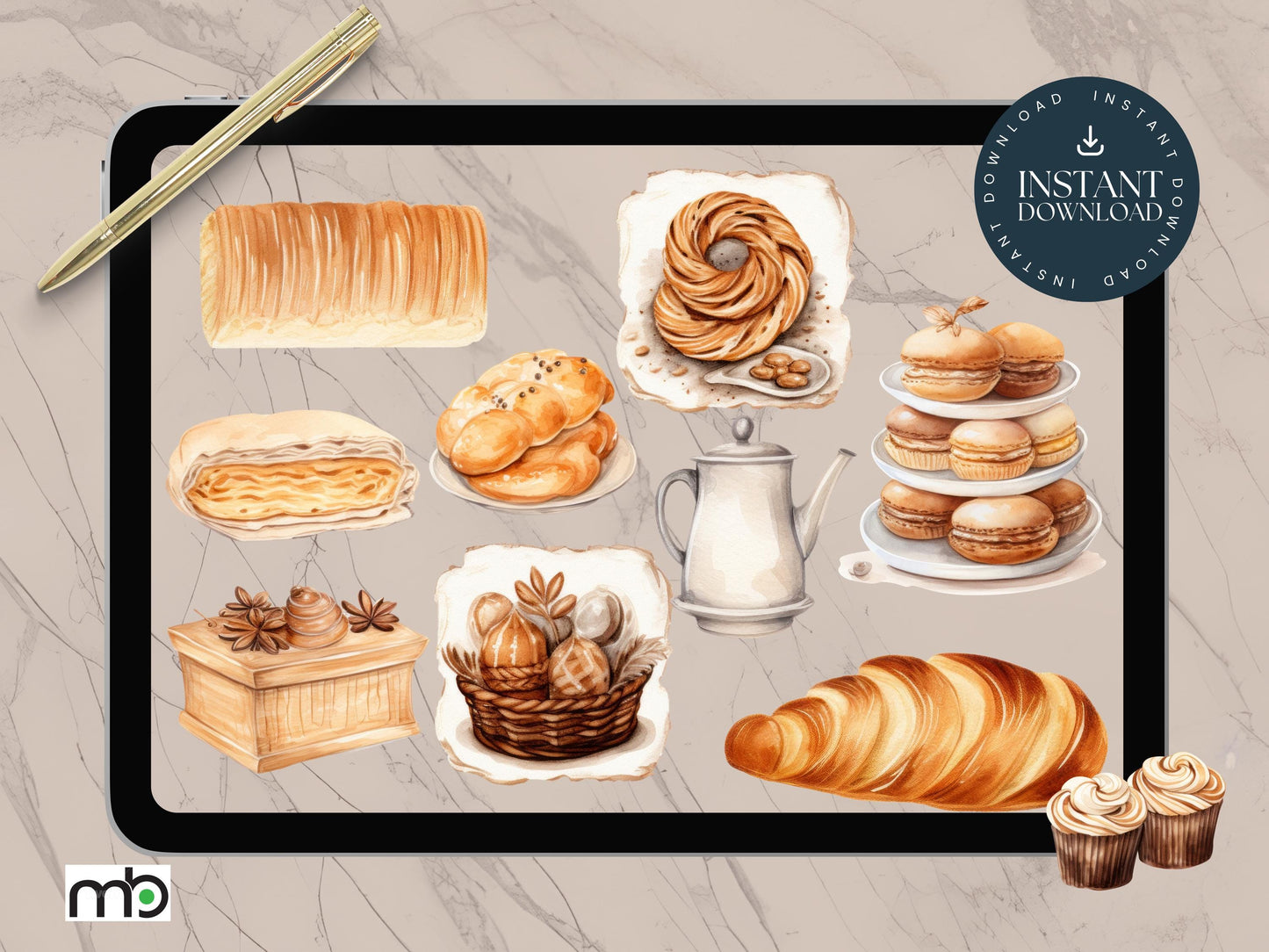 Bakery Digital Stickers, Tasty Bakery, Baked Goods, Food, Cake, Bread, Cupcake Sticker, Bakery Clipart, Small Goods Clipart, PNG, Baking art