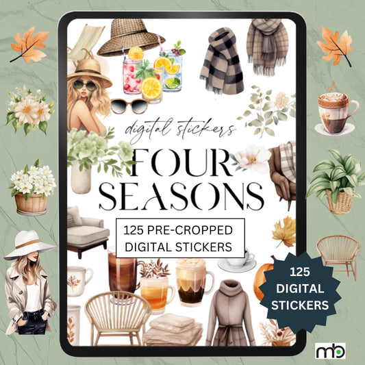 Seasonal Digital Planner Stickers, Four Seasons, Spring, Fall, Autumn, Summer, Winter, Goodnotes, Notability, Sticker, Nature, Seasonal, PNG