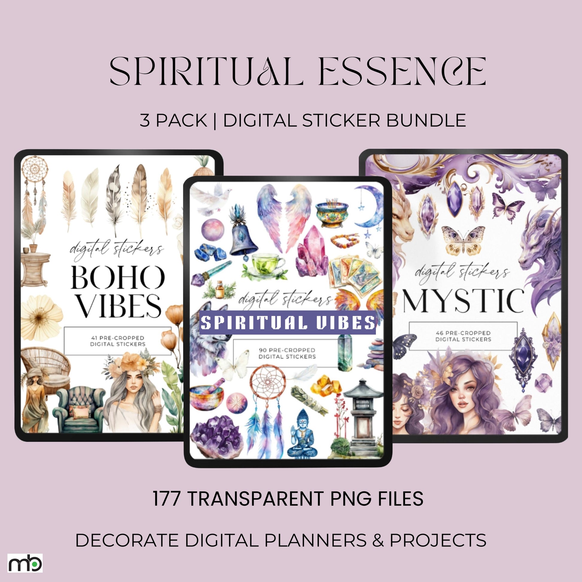 Spiritual Essence Digital Stickers, Crystals, Angel Wings, Dream Catcher, Buddha, Bell, Moon, Sun, Doves Wolf, Celestial, Cosmic, Mind, Body