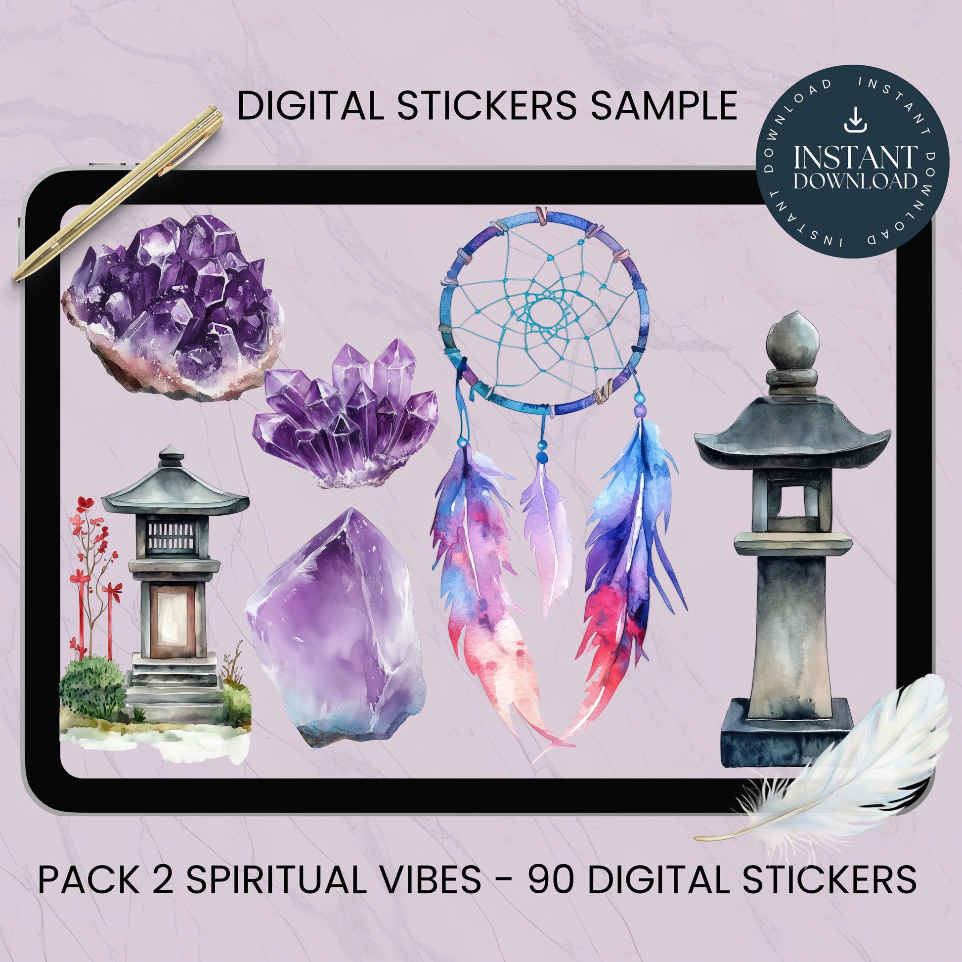 Spiritual Essence Digital Stickers, Crystals, Angel Wings, Dream Catcher, Buddha, Bell, Moon, Sun, Doves Wolf, Celestial, Cosmic, Mind, Body