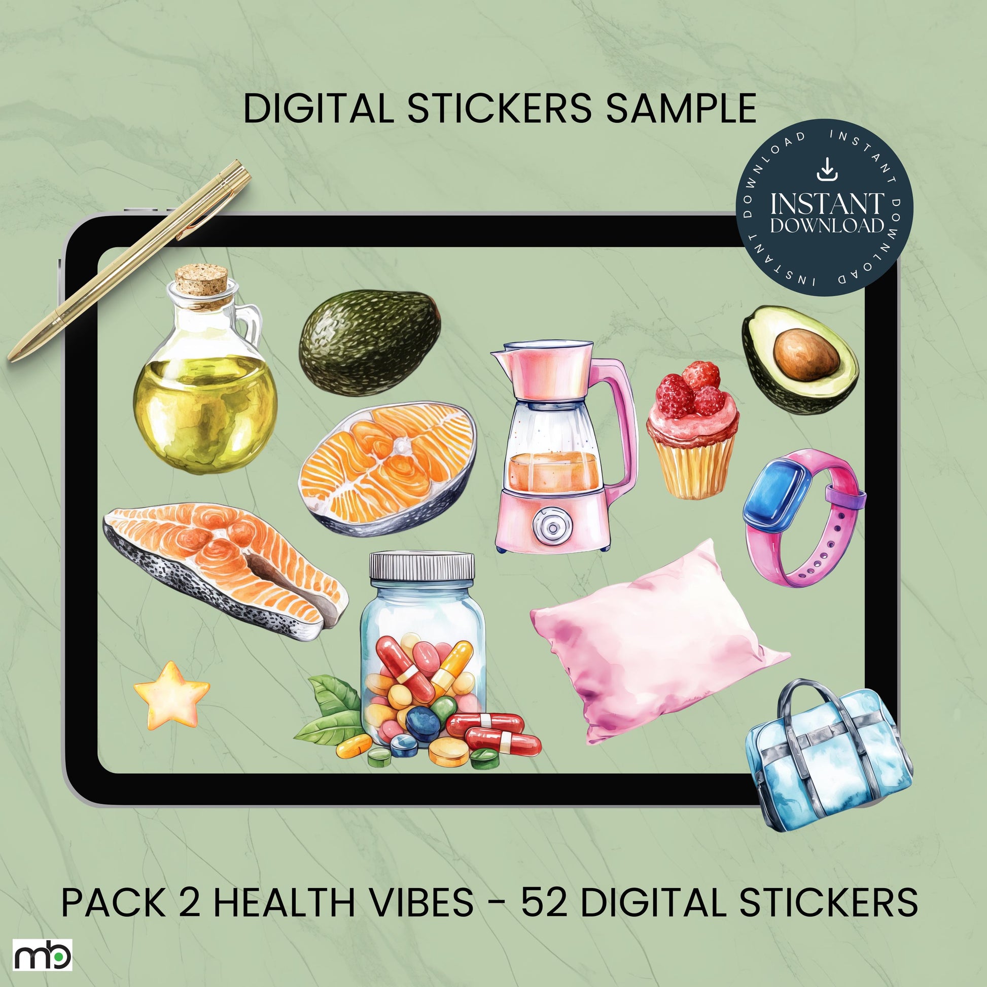 Wellness Trio digital stickers, workout, health vibes, spa day, fitness motivation, self-care, food, gym, yoga mat, water bottle, project