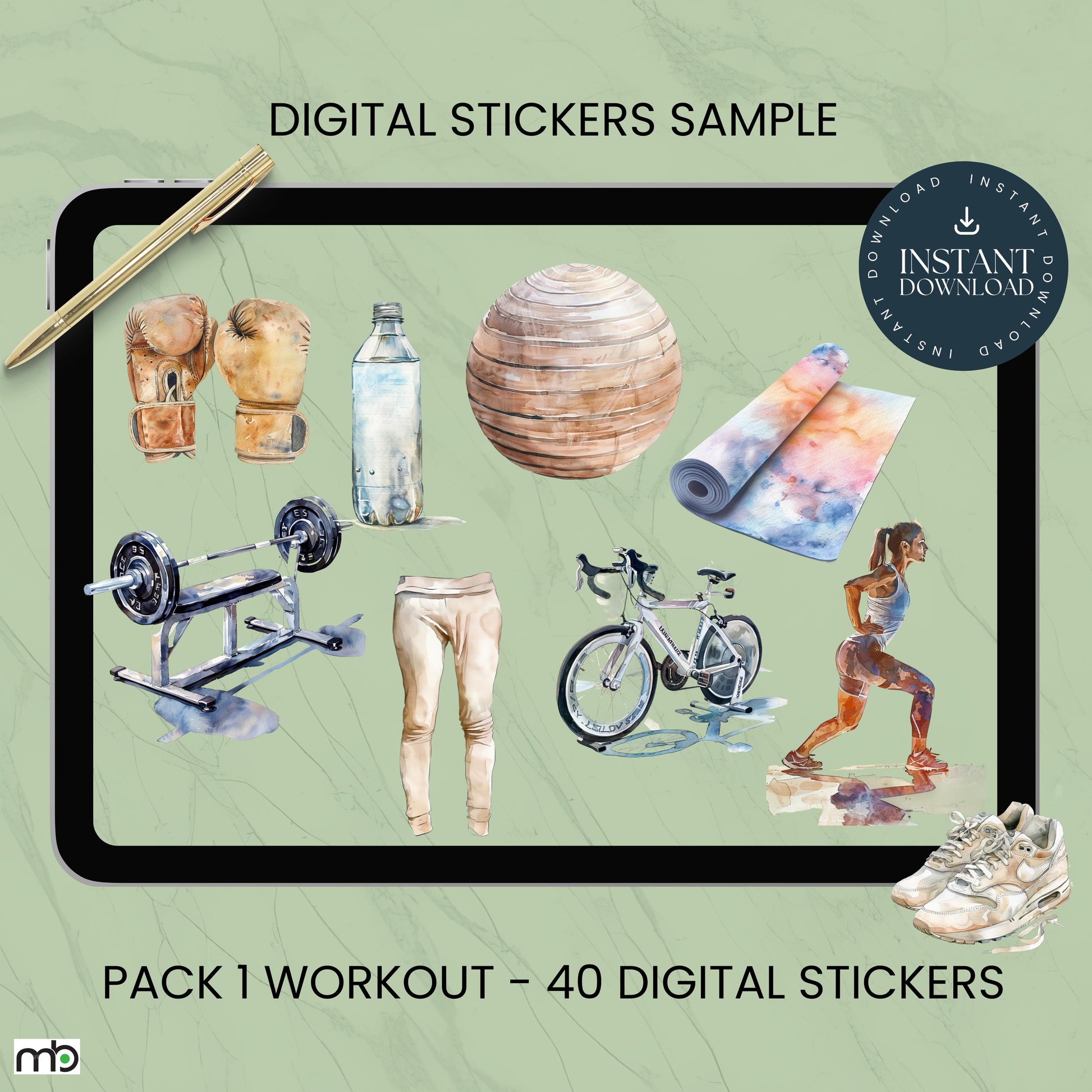 Wellness Trio digital stickers, workout, health vibes, spa day, fitness motivation, self-care, food, gym, yoga mat, water bottle, project