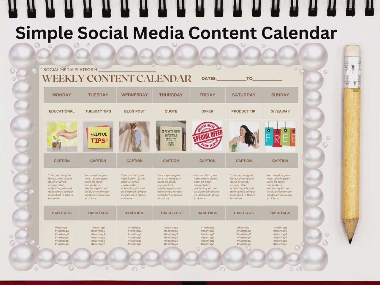 Social Media Content Calendar, Social Media Content Planner, Weekly content planner,  Manual Social Media Content Planner, Simple Planner
