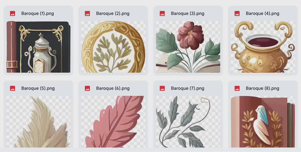 Baroque Library Digital Stickers, Baroque Themed Digital Stickers, Baroque Stickers, Baroque Gold Vase Stickers, Baroque themed books, Png