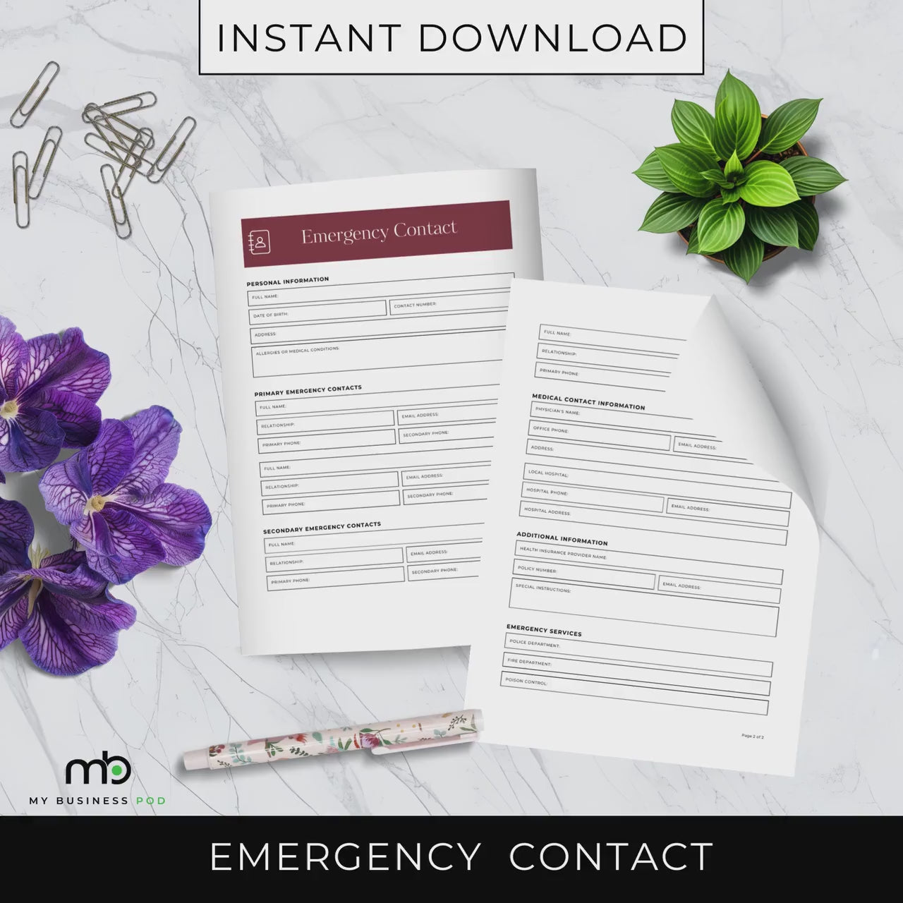 Emergency Contacts Form, Medical information sheet, Next of Kin, Emergency phone numbers, Healthcare contact, Family contact list, Personal