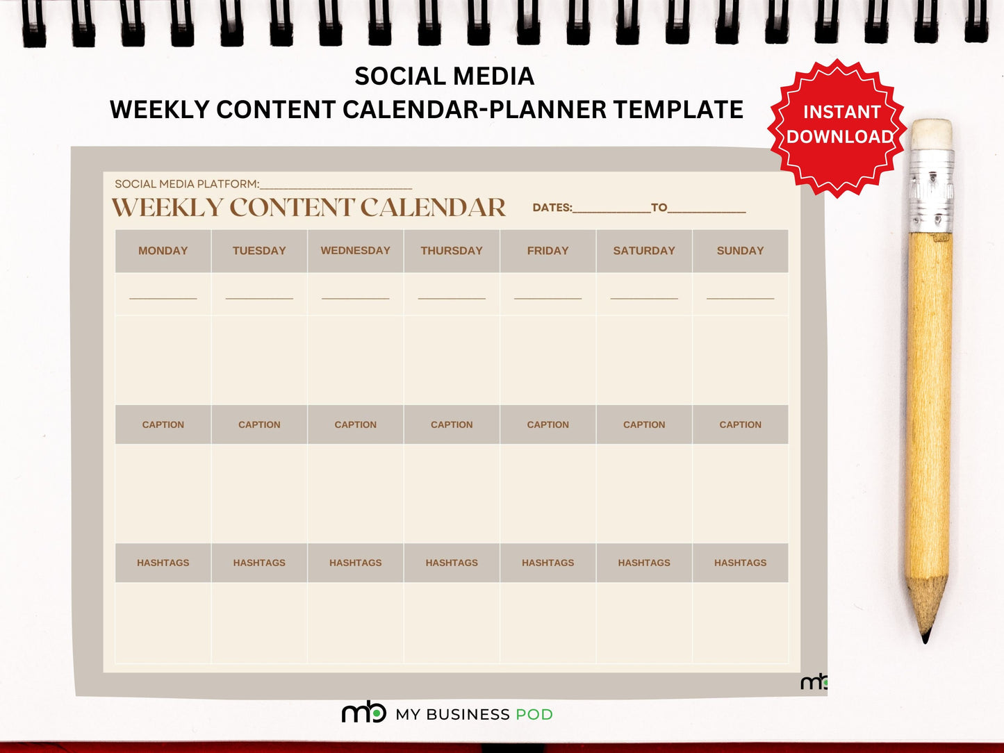 Social Media Content Calendar, Social Media Content Planner, Weekly content planner, Manual Social Media Content Planner, Simple Planner