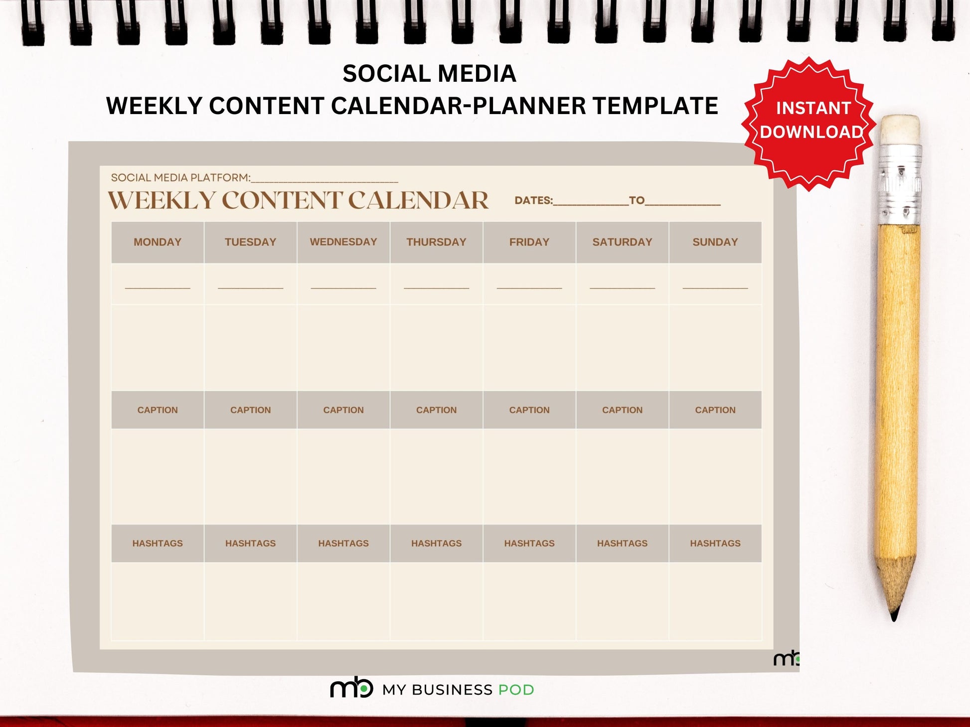 Social Media Content Calendar, Social Media Content Planner, Weekly content planner, Manual Social Media Content Planner, Simple Planner